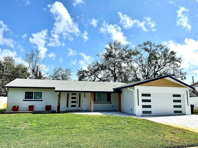 ranch-style home featuring a garage, driveway, roof with shingles, and a front yard