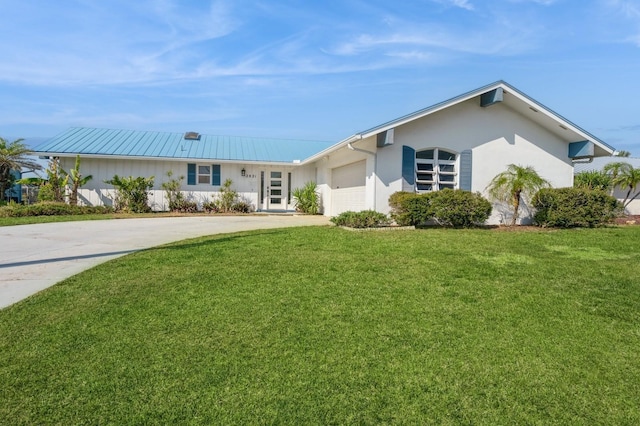 ranch-style house with a garage and a front yard