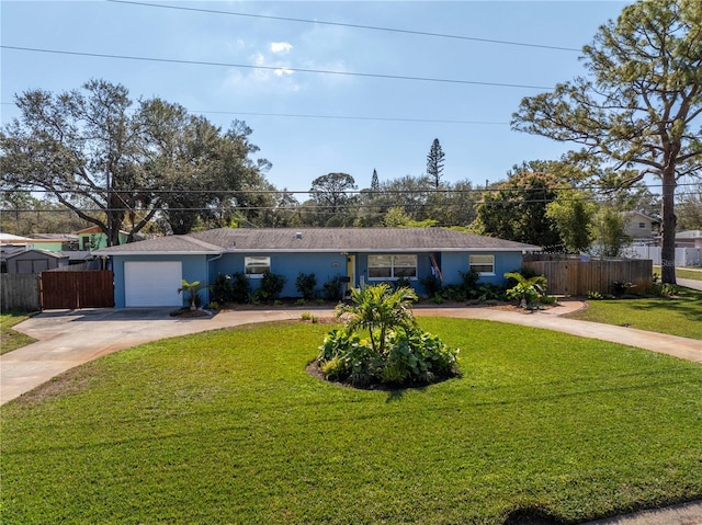 ranch-style home with fence, concrete driveway, and a front yard