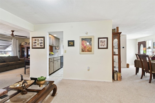 carpeted living room featuring ceiling fan, a healthy amount of sunlight, and a textured ceiling