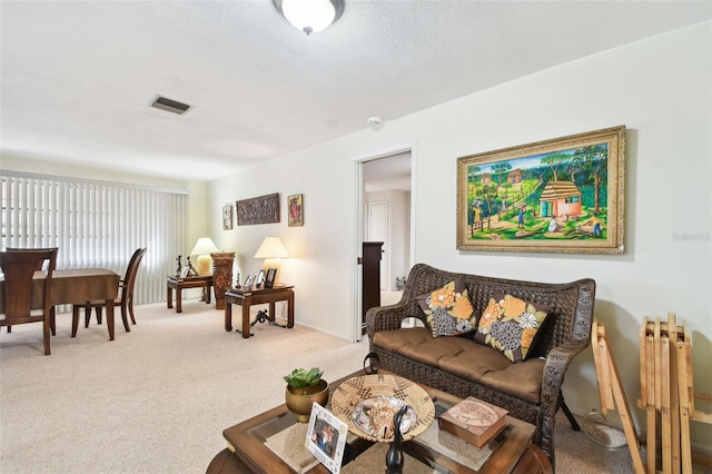 living room with carpet flooring, radiator, and a textured ceiling