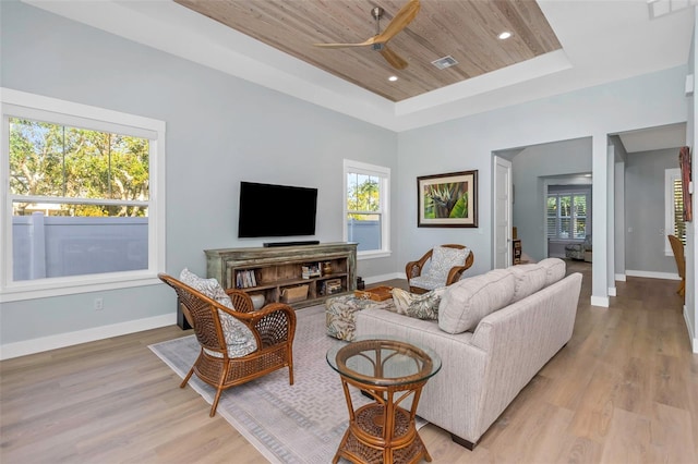 living room with a tray ceiling, wooden ceiling, a healthy amount of sunlight, and light wood-type flooring