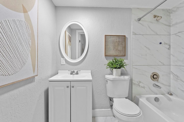 full bathroom featuring a textured wall, toilet,  shower combination, marble finish floor, and vanity