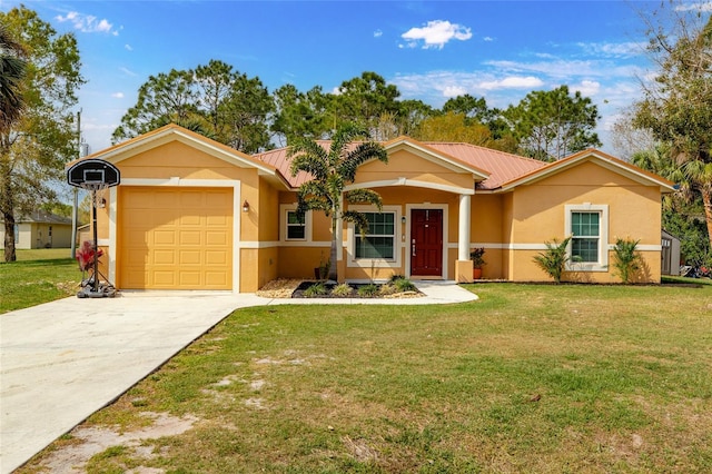 ranch-style home featuring a garage and a front lawn