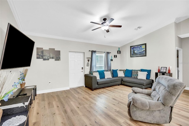 living room with ceiling fan, lofted ceiling, ornamental molding, and light hardwood / wood-style floors