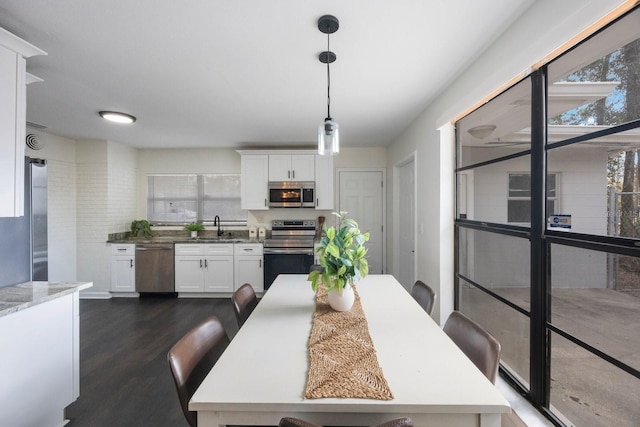 dining space featuring sink and dark wood-type flooring