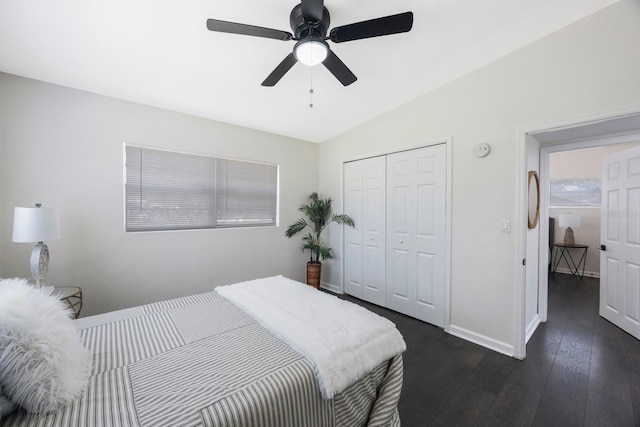 bedroom featuring dark wood-type flooring, ceiling fan, and a closet