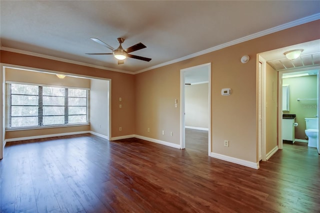 unfurnished room featuring crown molding, ceiling fan, and dark hardwood / wood-style flooring