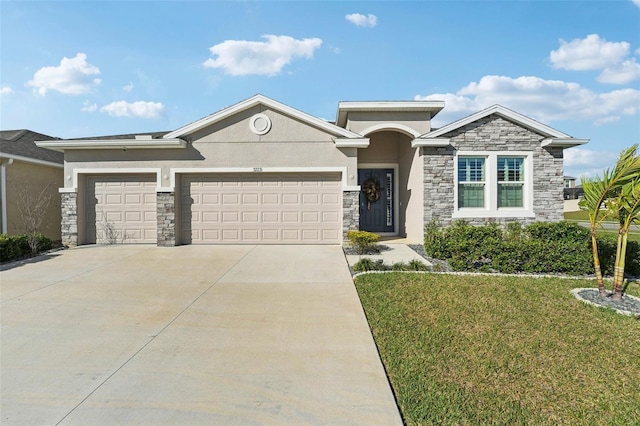 view of front facade featuring stucco siding, stone siding, concrete driveway, a front yard, and an attached garage