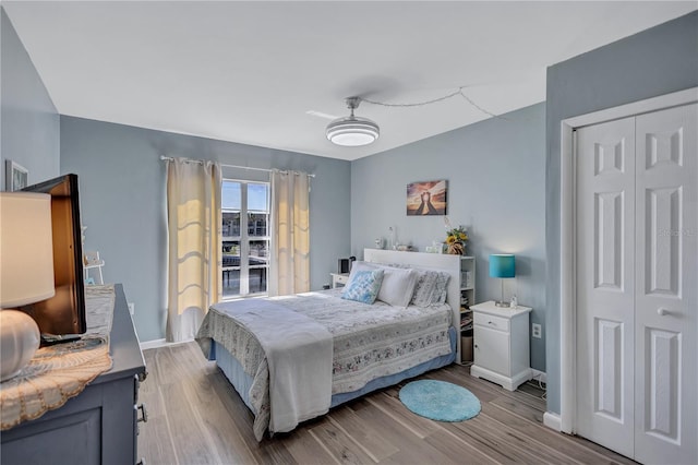 bedroom featuring light hardwood / wood-style floors and a closet