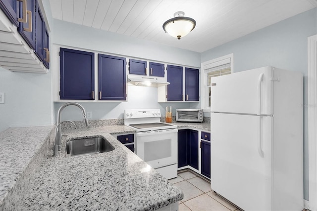 kitchen featuring sink, white appliances, light stone countertops, and blue cabinets