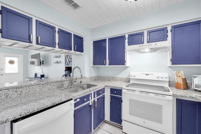 kitchen featuring blue cabinetry, sink, and white appliances