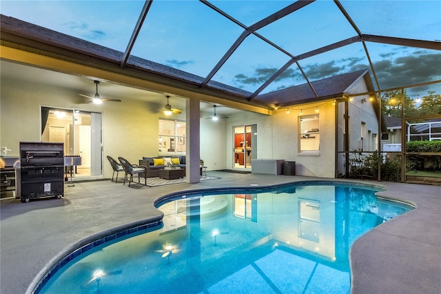 outdoor pool featuring a patio, an outdoor hangout area, ceiling fan, area for grilling, and a lanai