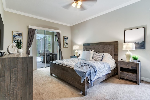 bedroom featuring light colored carpet, crown molding, access to outside, and a ceiling fan