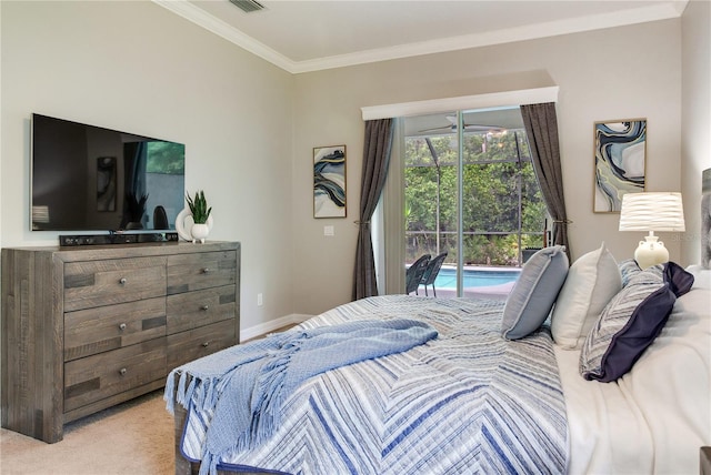 carpeted bedroom featuring access to outside, crown molding, and baseboards
