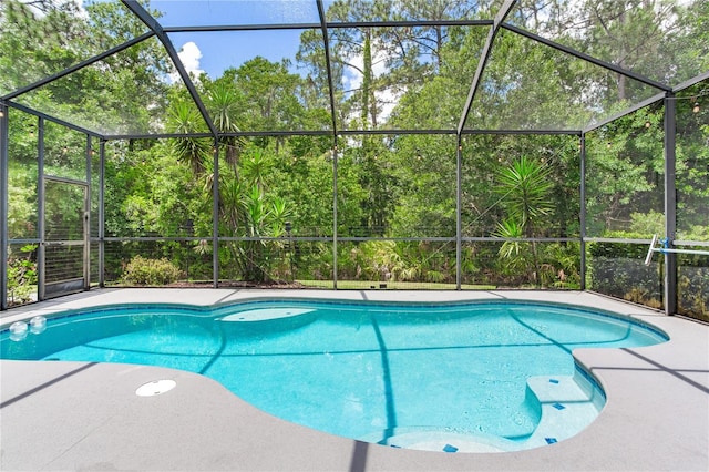 swimming pool featuring a lanai and a patio