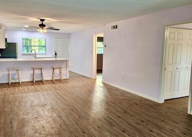 interior space featuring hardwood / wood-style flooring, ceiling fan, and sink