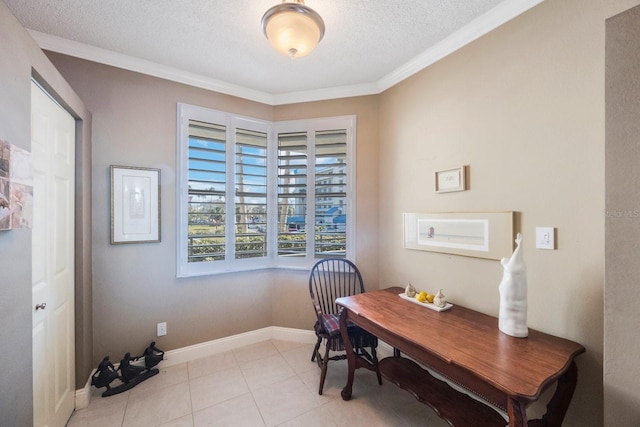 office space featuring a textured ceiling, light tile patterned floors, crown molding, and baseboards