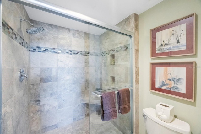 bathroom with a stall shower and toilet