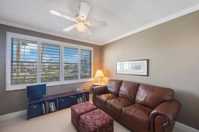 living room featuring a ceiling fan, carpet, ornamental molding, and a textured ceiling