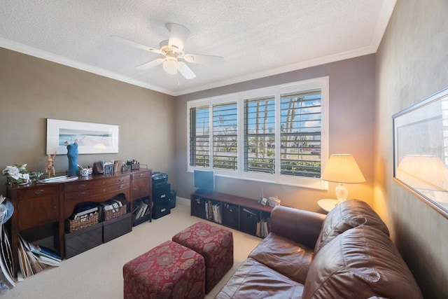 home office featuring carpet floors, ornamental molding, a textured ceiling, and a ceiling fan