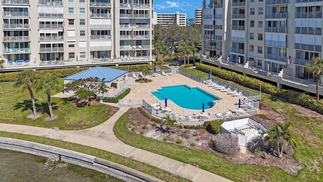 community pool with a patio