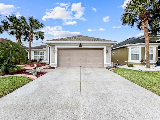 ranch-style house with a garage, a front yard, concrete driveway, and stucco siding