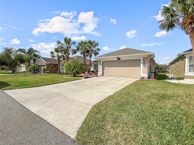 view of front of house with an attached garage, driveway, a residential view, stucco siding, and a front yard