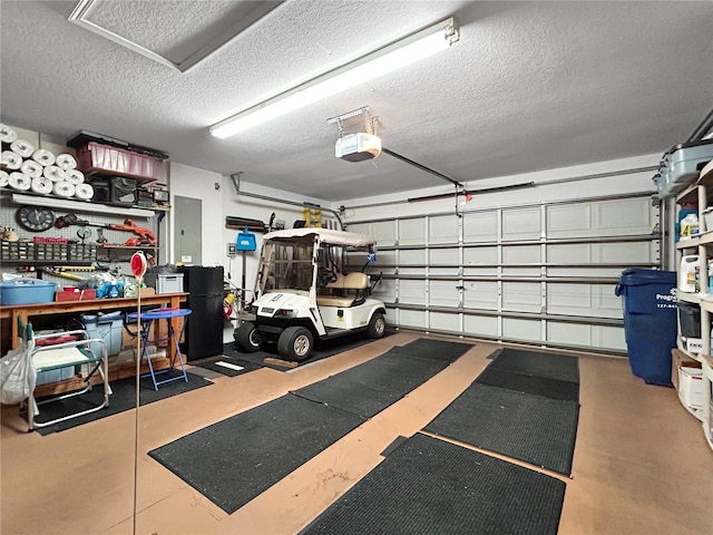 garage with electric panel and a garage door opener