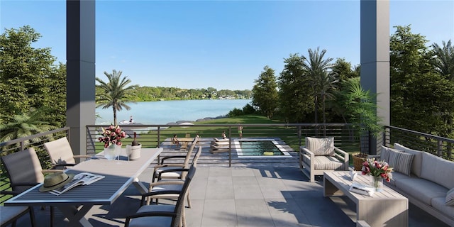 view of patio featuring an outdoor hangout area, a balcony, and a water view