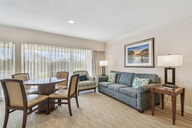 living room featuring crown molding, light hardwood / wood-style floors, and a textured ceiling