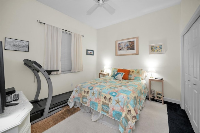 bedroom featuring a closet, ceiling fan, and baseboards