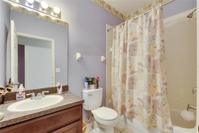 full bathroom featuring shower / tub combo with curtain, vanity, tile patterned floors, and toilet