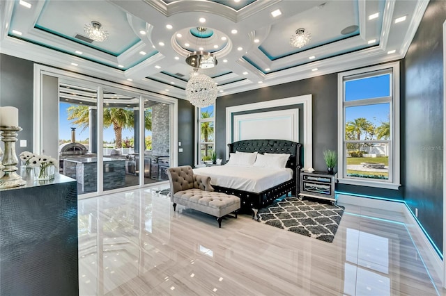 bedroom featuring access to exterior, baseboards, and ornamental molding