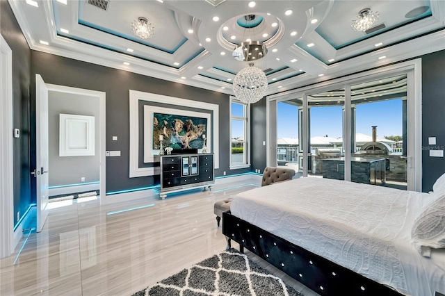 bedroom featuring access to exterior, crown molding, visible vents, a chandelier, and baseboards