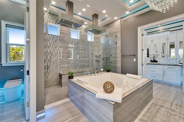 full bath featuring toilet, a shower stall, a tub with jets, and vanity