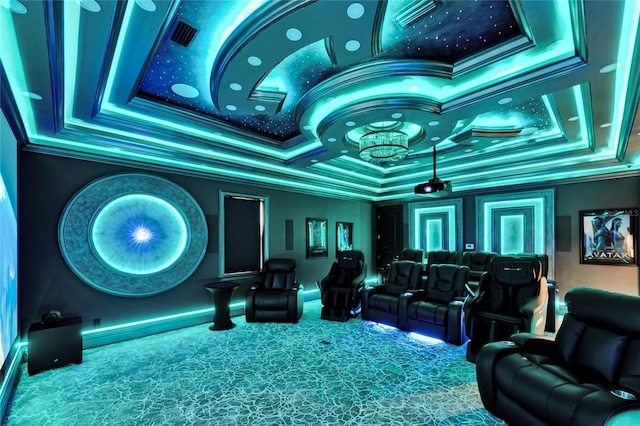 carpeted cinema room with baseboards, ornamental molding, and coffered ceiling