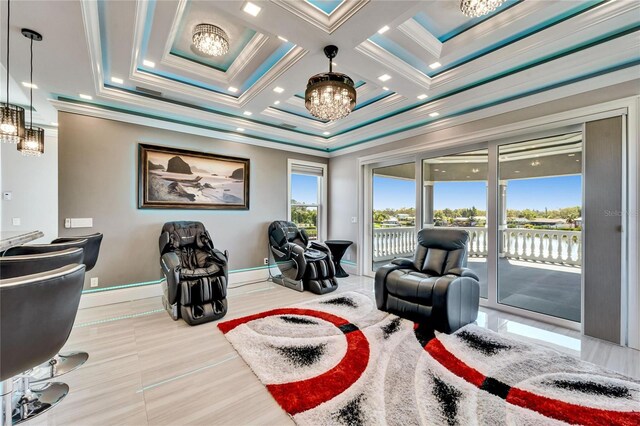 living area with baseboards, coffered ceiling, ornamental molding, an inviting chandelier, and recessed lighting