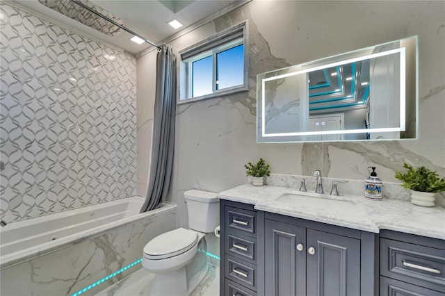 bathroom featuring toilet, marble finish floor, a combined bath / shower with marble appearance, and vanity