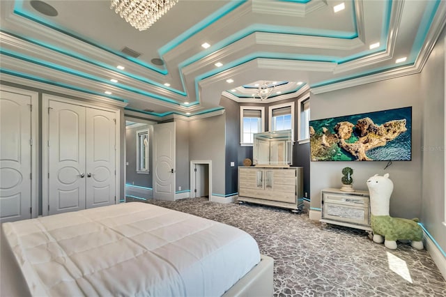 carpeted bedroom featuring ornamental molding, recessed lighting, visible vents, and a notable chandelier