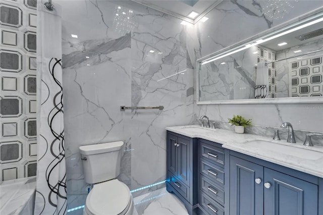 full bath featuring marble finish floor, a sink, toilet, and a shower with curtain