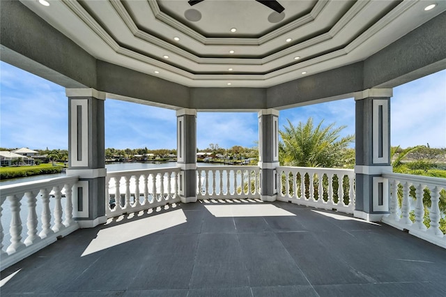 view of patio / terrace featuring a water view