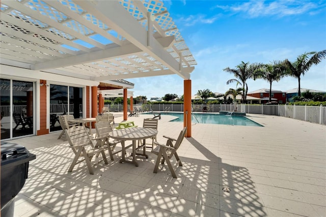 pool featuring a patio, fence, a grill, and a pergola