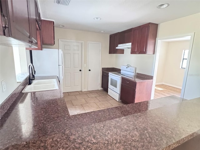 kitchen featuring sink, white appliances, and kitchen peninsula