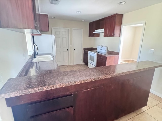 kitchen featuring white appliances, kitchen peninsula, sink, and light tile patterned floors