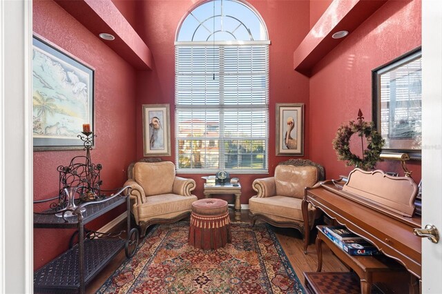 sitting room featuring plenty of natural light, wood finished floors, and a textured wall