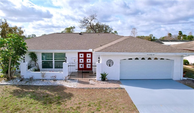 single story home featuring an attached garage, a shingled roof, brick siding, concrete driveway, and french doors