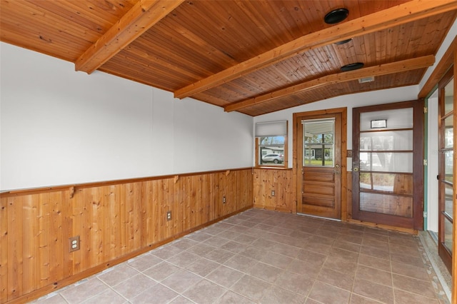 entrance foyer with wooden ceiling, a wainscoted wall, wooden walls, and vaulted ceiling with beams