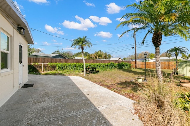 view of yard featuring a patio area and a fenced backyard