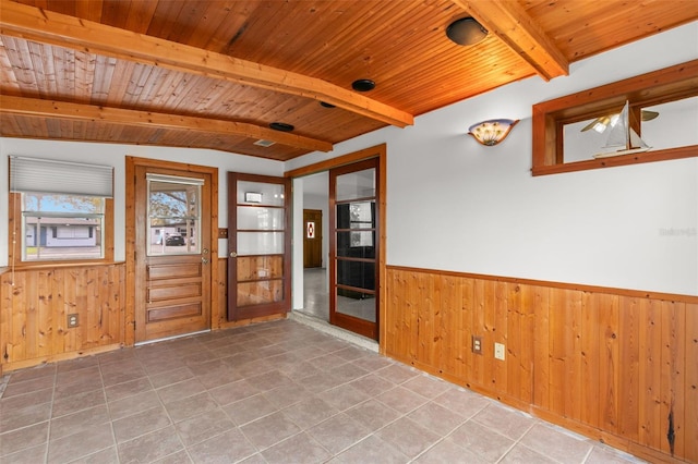 foyer entrance with beamed ceiling, wainscoting, wooden ceiling, and wooden walls